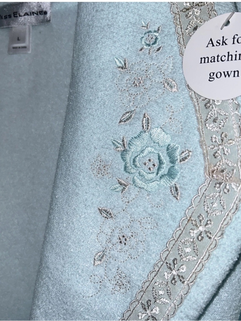 Miss Elaine Bathrobe Mint Blue with Embroidered Flowers & Lace Detail Large NWT! - Picture 3 of 8